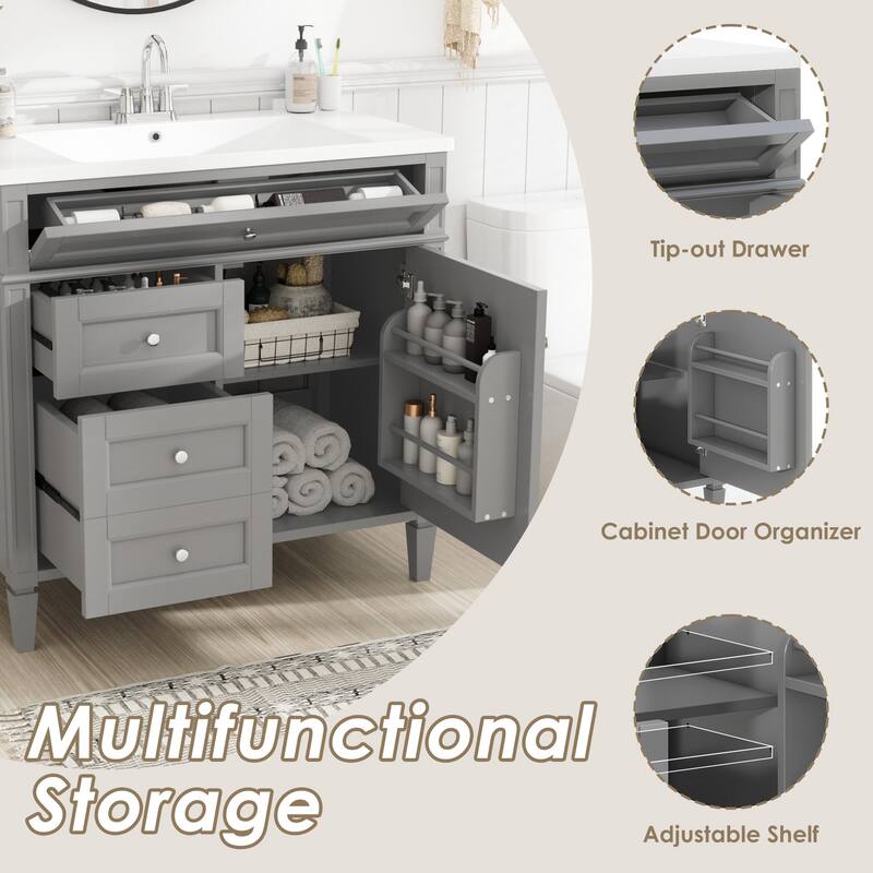 30''/36'' Bathroom Vanity with Top Sink, Modern Bathroom Storage Cabinet with 2 Drawers, a Tip-out Drawer & Adjustable Shelf