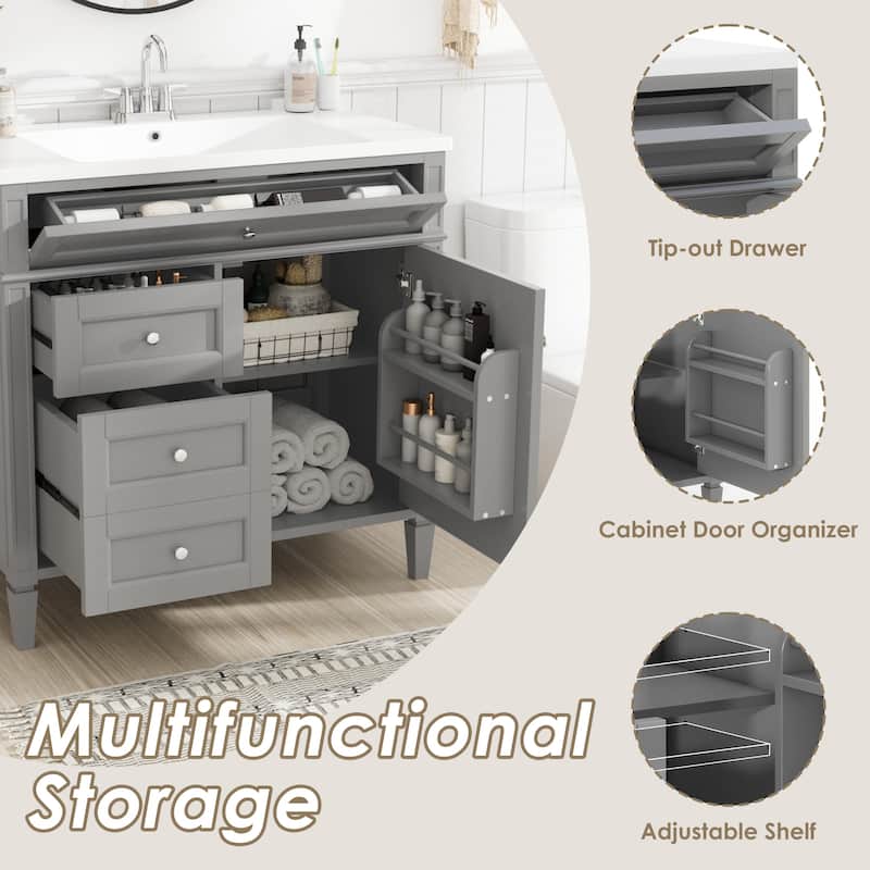 36" Bathroom Vanity with Top-Mount Sink - Modern Cabinet with 2 Drawers + Tip-Out Tray - Complete Single Sink Vanity Set