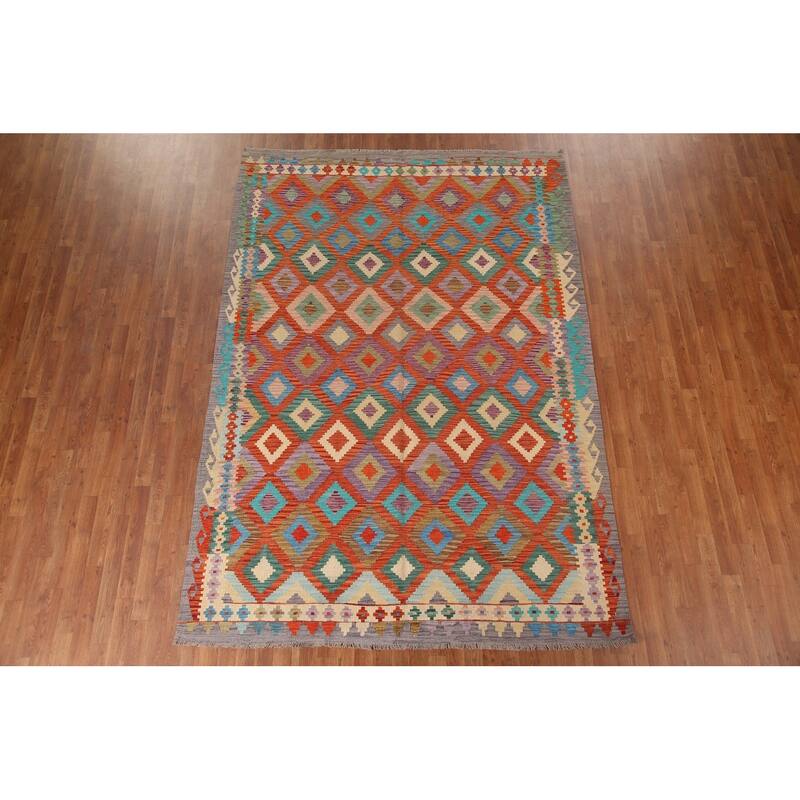 Hand Woven Oriental 100% Wool Carpet Southwestern Geometric Oranges & Rust Kilim Area Rug - 9' 11'' X 6' 10''