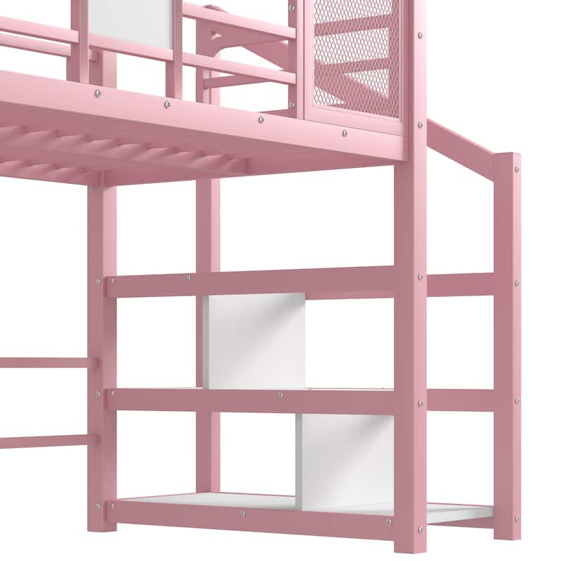 Fun Play House-shaped Loft Bed Metal Bed Frame with Grid and Shelves