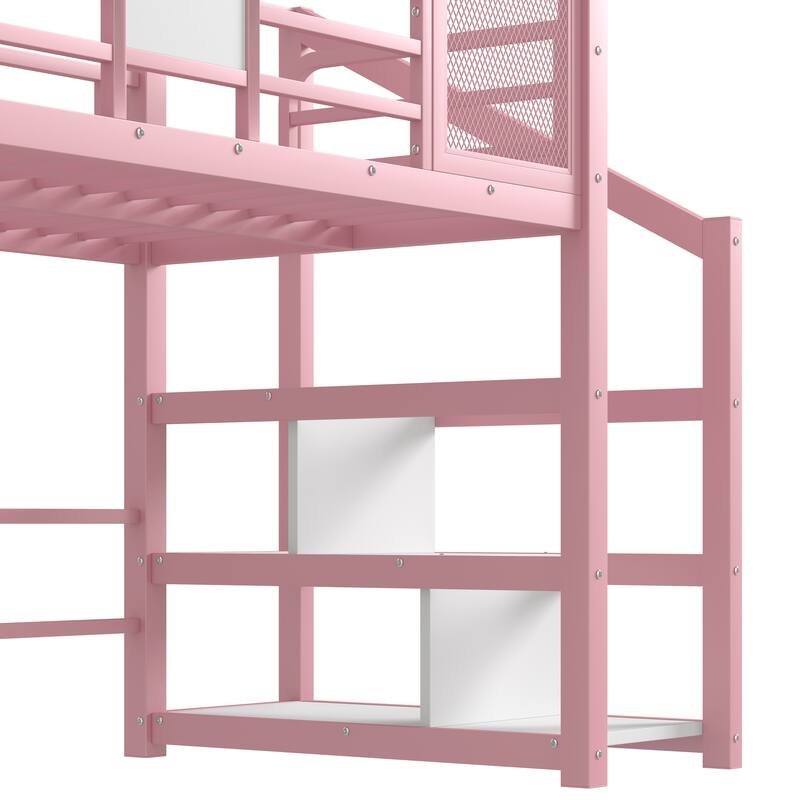 Pink Twin Metal Loft Bed with Slide, Stairs, and Storage Shelves, House-Shaped Design, Noise-Free