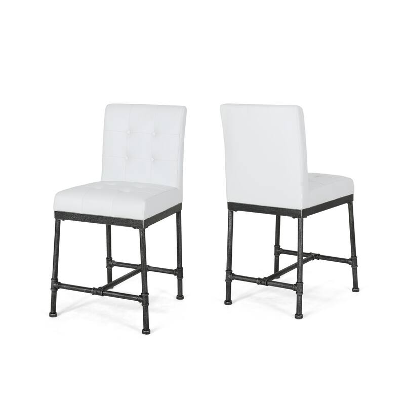 Modern Set of 2 Bar Stools with Button Tufted Leather Back, Upholstered Seat, Metal Legs for Kitchen Island Bar and Dining Room