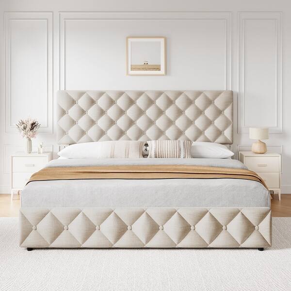 Linen Upholstered Platform Bed Frame Diamond Stitched Button Tufted
