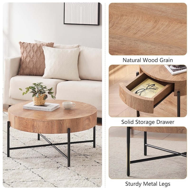 Round Coffee Table with with Two Drawers - Natural