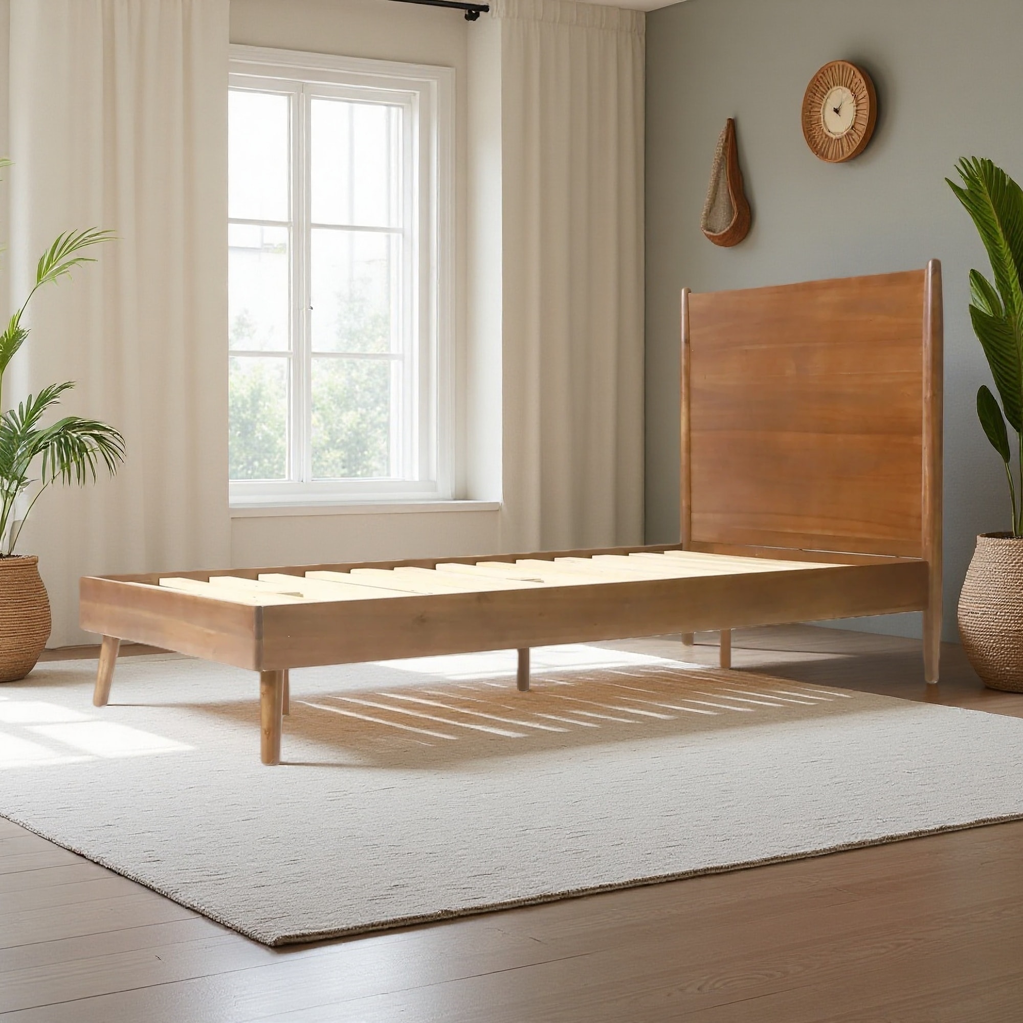 Twin Size Solid Acacia Wood Platform Bed, Splayed Legs, Natural Finish, No Box Spring Needed, Heavy-Duty Support