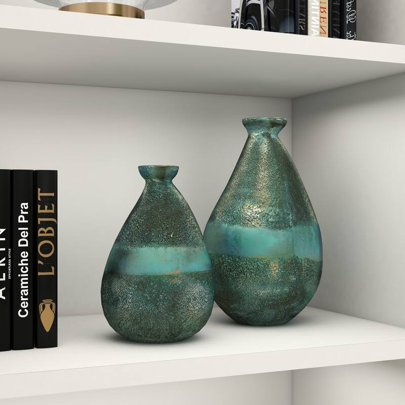 Glass Blown Teardrop Decorative Vase - Set of 2 Gold, Green, Gray - Roche River Decor