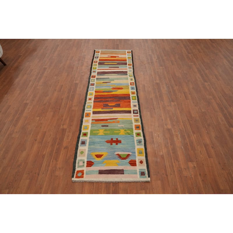Hand Woven Oriental 100% Wool Carpet Southwestern Geometric Multi-Colored Kilim Runner Rug - 9' 6'' X 2' 8''
