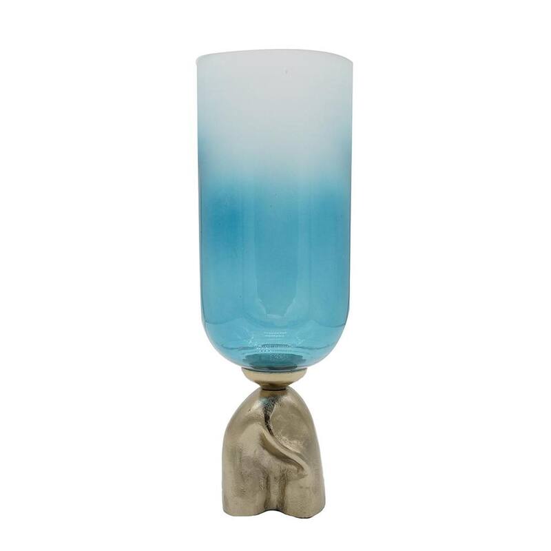 18" Blue White And Gold Ombre Glass And Aluminum Pedestal Table Vase - 8.00