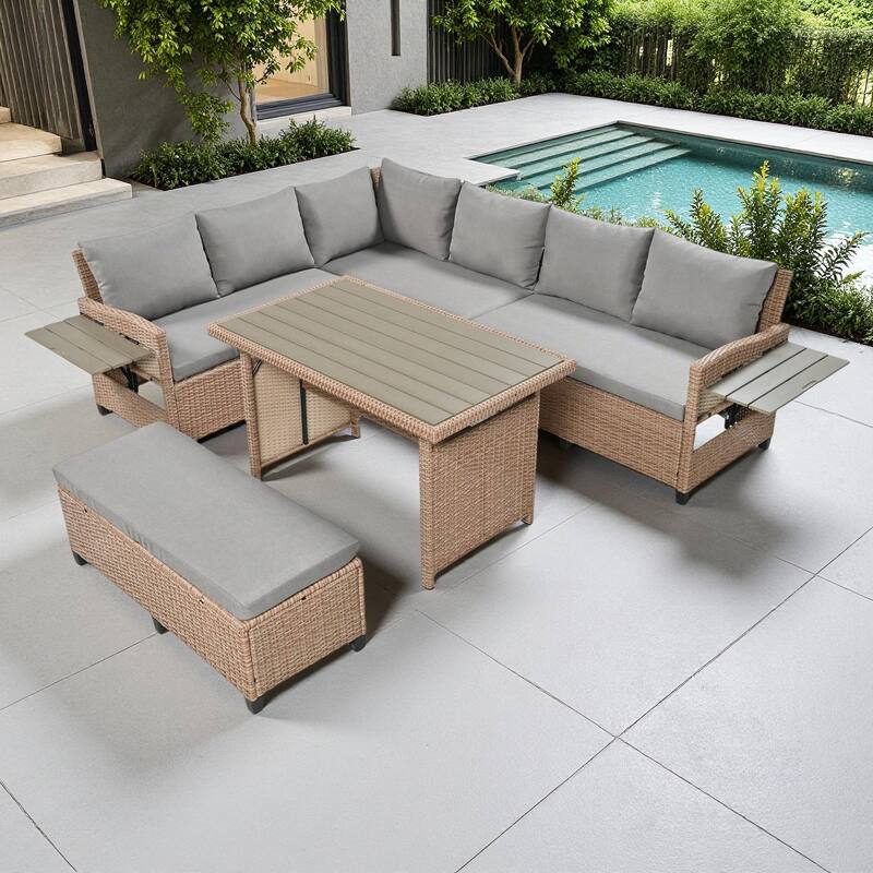 5-Piece Outdoor Rattan Sectional Sofa Set with Dining Table, Bench, and 2 Extendable Side Tables - Brown