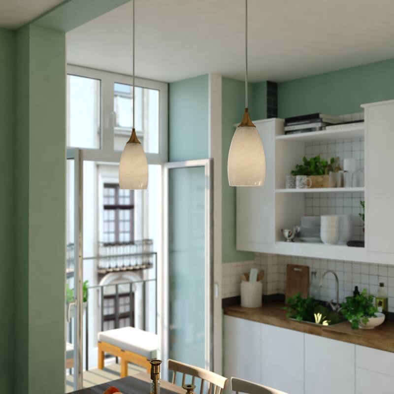 VAXCEL Milano 1-Light 4.75 in. Wide Bell Mini Pendant, White Alabaster Glass Shade, Adj Height Hanging Ceiling Fixture