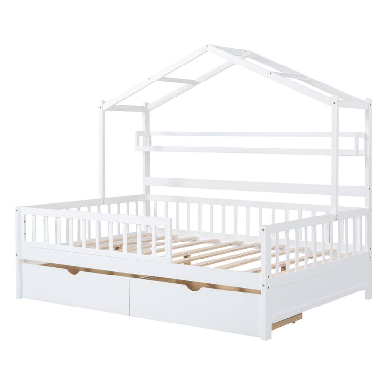 Wood House Bed with 2 Drawers, Kids Bed with Storage Shelf