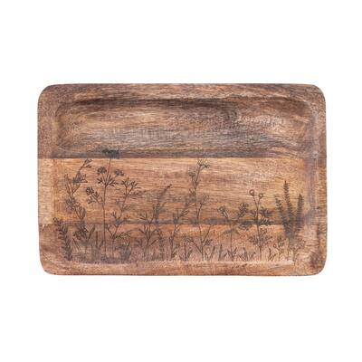 Mango Wood Tray with Laser Etched Botanicals - 11.8"L x 7.8"W x 1.0"H - 11.8"L x 7.8"W x 1.0"H