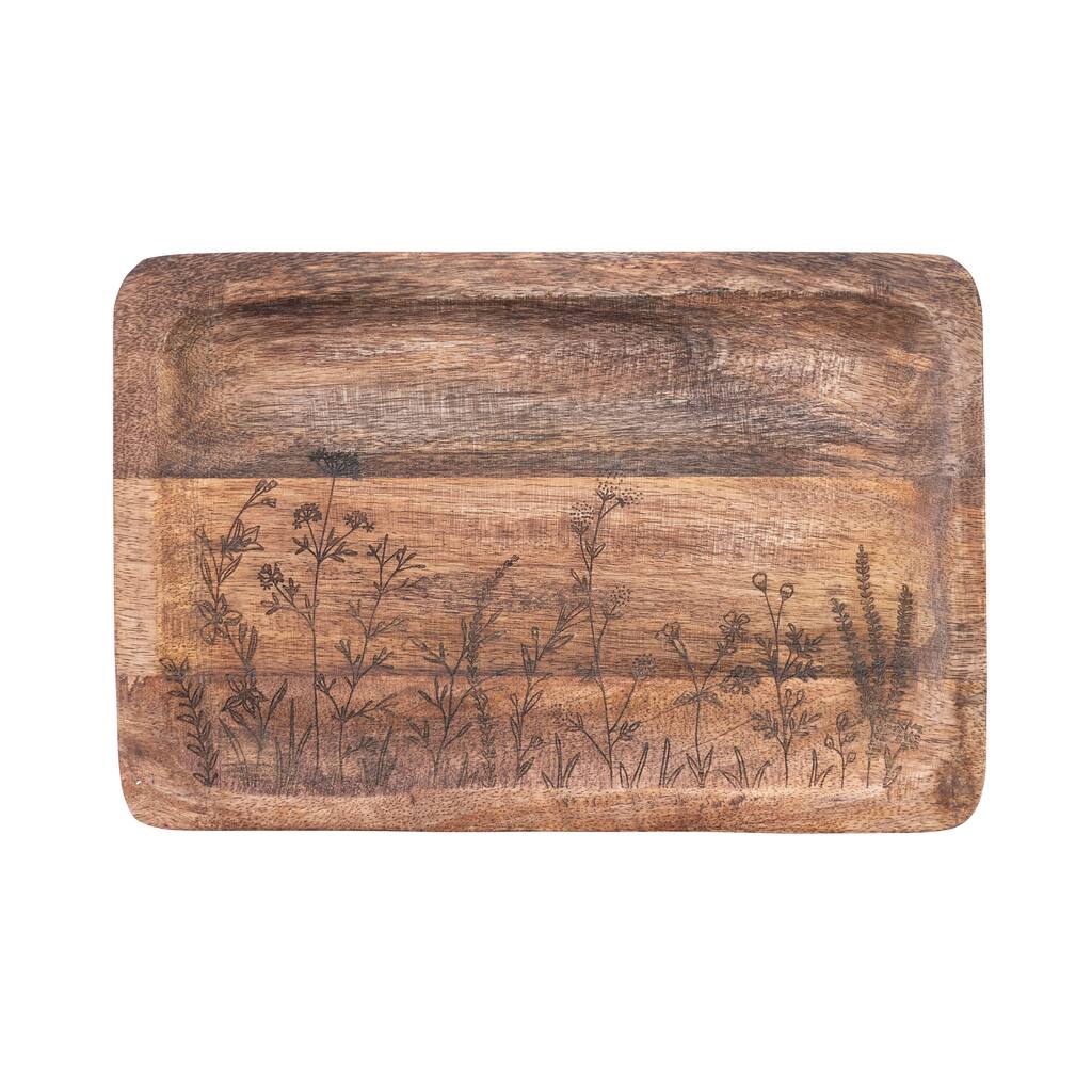 Mango Wood Tray with Laser Etched Botanicals - 11.8"L x 7.8"W x 1.0"H - 11.8"L x 7.8"W x 1.0"H