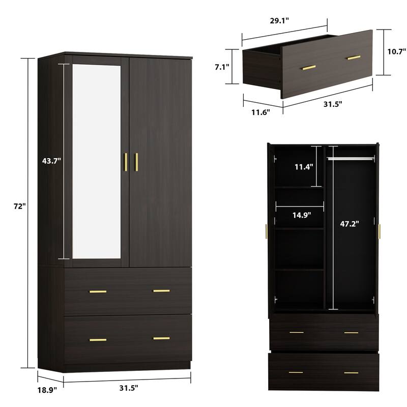 31.5"W x 72"H Two Door Wardrobe With Mirror White/Dark Brown Armoires - 31.5"W x 72"H - Dark Brown