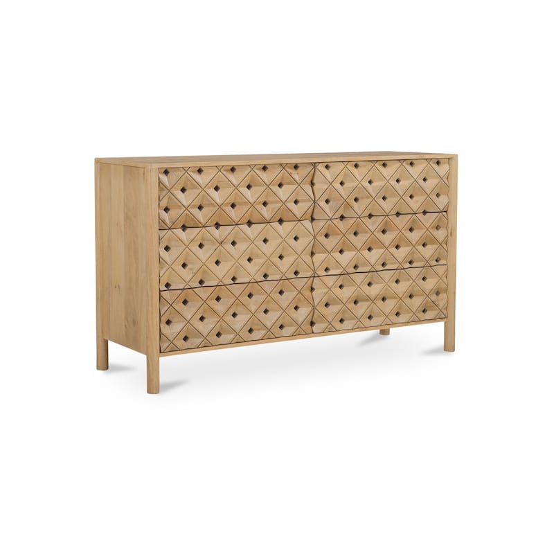 NADAAL STUDIOS Talric Natural Mango Wood 6-Drawer Dresser with Geometric Carved Front