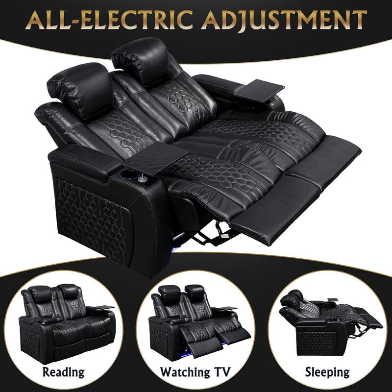Roomfitters 62" Power Recliner Set (2-Piece), Top-Grain Nappa 11000 Leather, RGB LED & USB-C Charging, Black