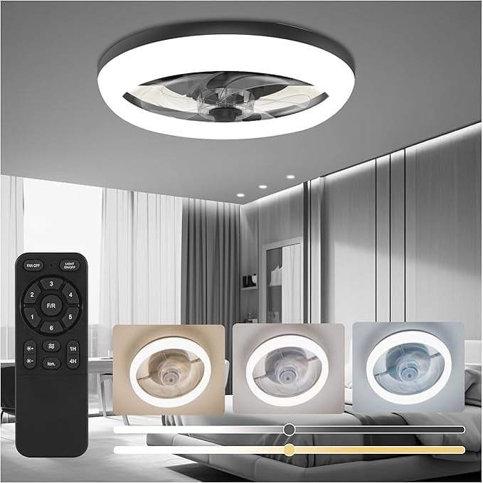 Bell + Howell CannonX Flush Mount Ceiling Fan Light White Low Profile Fandelier Dimmable LED with Remote