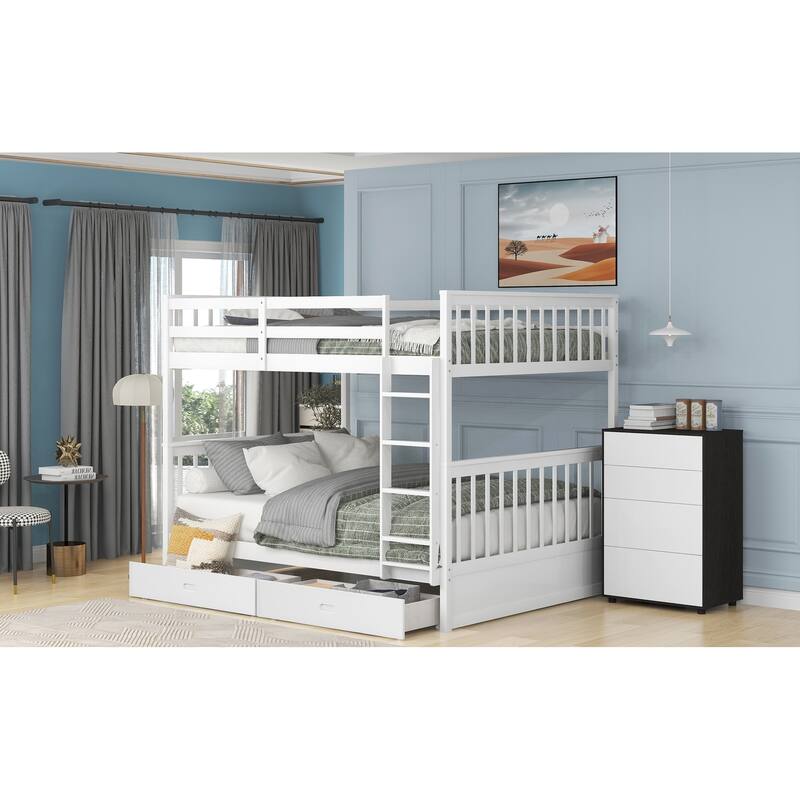 Full-Over-Full Bunk Bed with Ladders and Two Storage Drawers in White