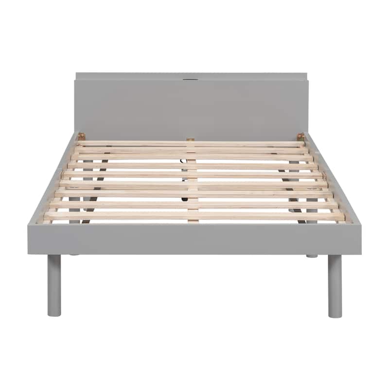 Modern Design Twin Size Platform Bed Frame with Built-in USB Port, Grey