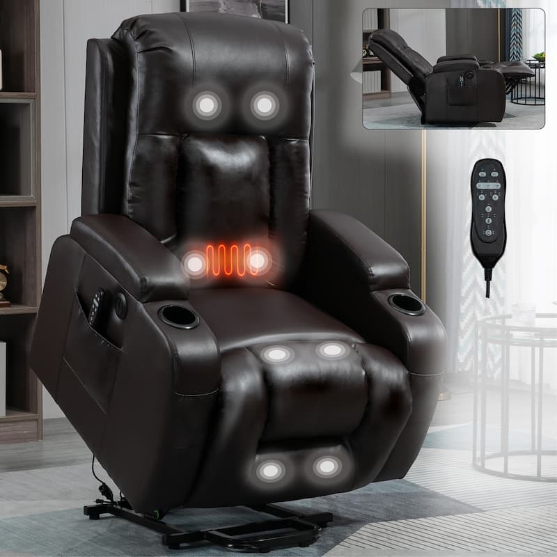 Black Elderly-Friendly Power Lift Recliner featuring Vibration Massage, Lumbar Heating, USB Port, and Cup Holders