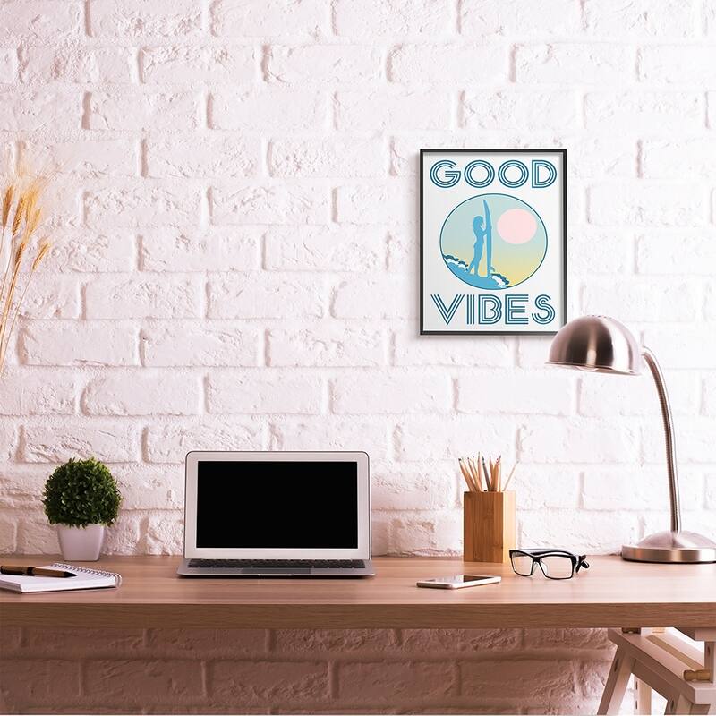Stupell Good Vibes Text Blue Surfer Chick Sunset Framed Wall Art