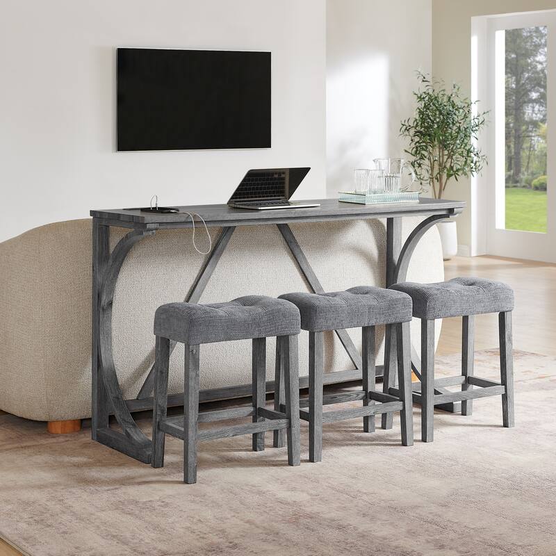 59" Bar Table Set with Power Outlet, Industrial Breakfast Table with 3 Stools, 4 Piece Counter Height Bar Table and Chair Set