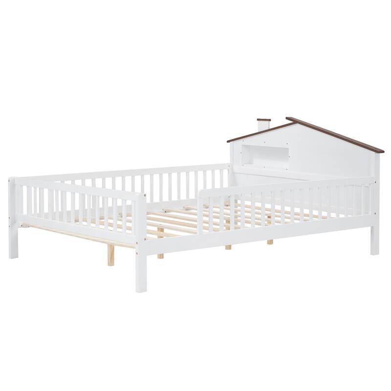 Full Size Wood Platform Bed with House-shaped Headboard,LED & Storage