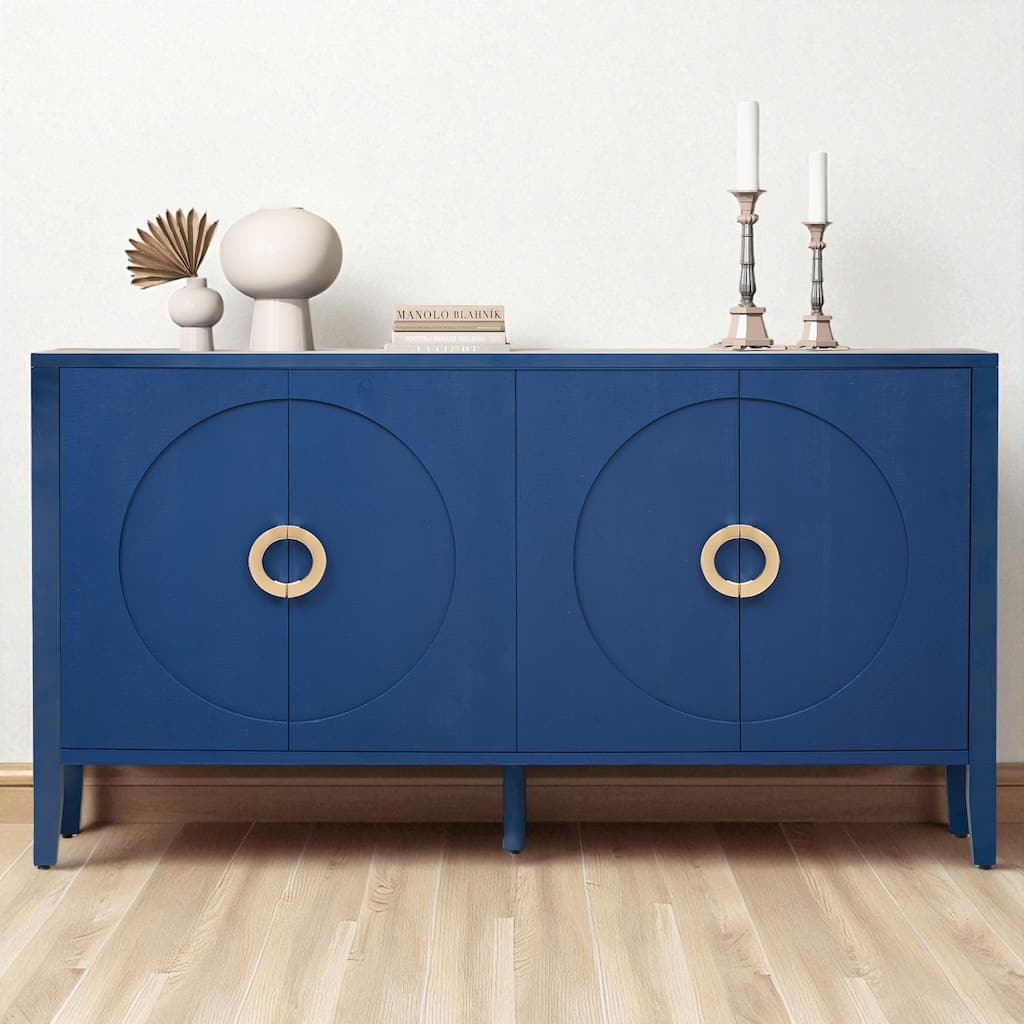 59" Fir Veneer Sideboard Buffet Cabinet with Embossed Texture, Adjustable Shelves & Rounded Doors for Entryway