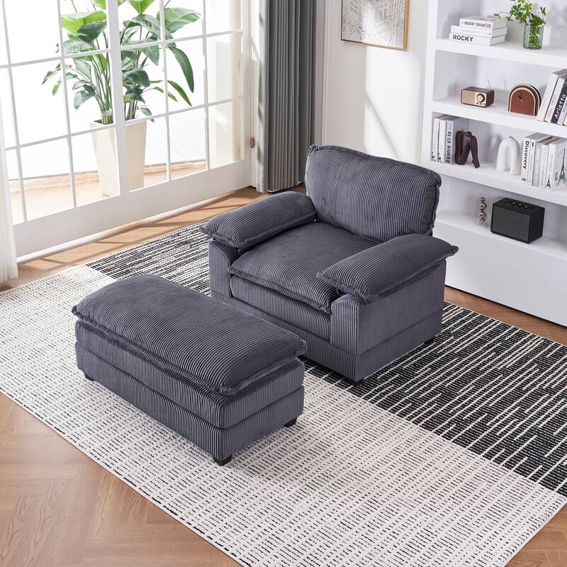 Grey Corduroy Single Deep Seat Sofa with Ottoman