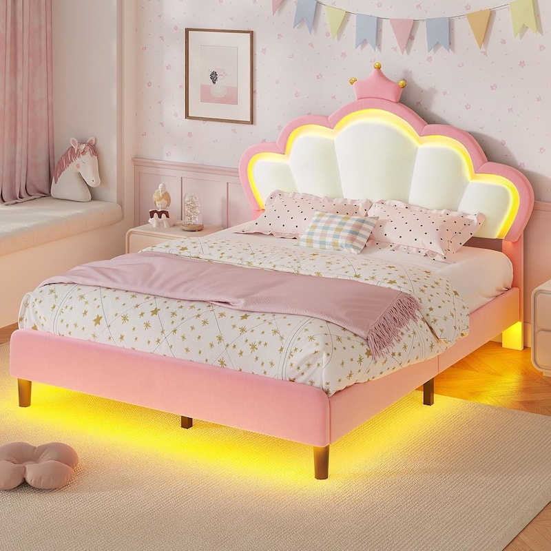 Bed Frame LED Lights Girls Bed Princess Crown Velvet Upholstered Platform Bed - Beige & Pink - Full
