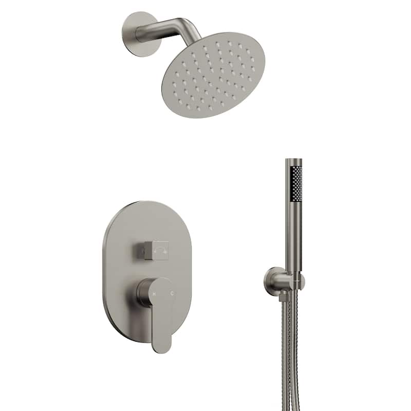 GRANDJOY Dual Shower Kit with Round Rainfall Head and Hand Shower, Lever Control Valve - Brushed Nickel