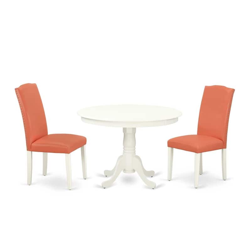Dining Room Table Set Pink Flamingo 42 Inch Table w/ 2 Parsons Chairs Linen White Legs PU Leather