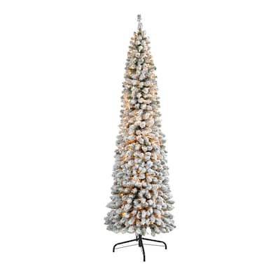 7ft. Flocked Pencil Artificial Christmas Tree with 400 Clear Lights and 574 Branches - Slim Winter Wonderland X-Mas Tree