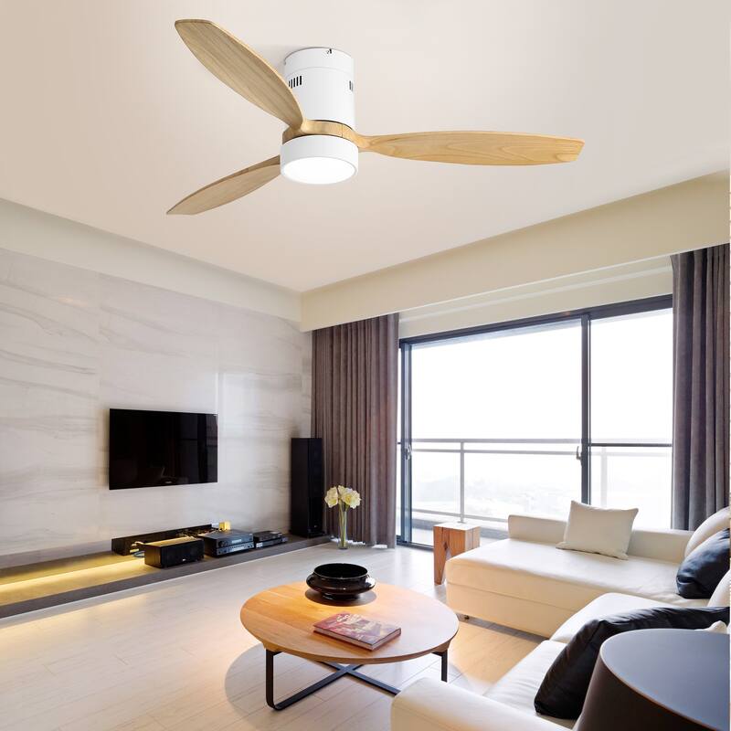 52 Inch Flush Mount Ceiling Fan with Light and Remote, 3 Solid Wood Fan Blades, Noiseless Reversible Motor Ceiling Fan, White