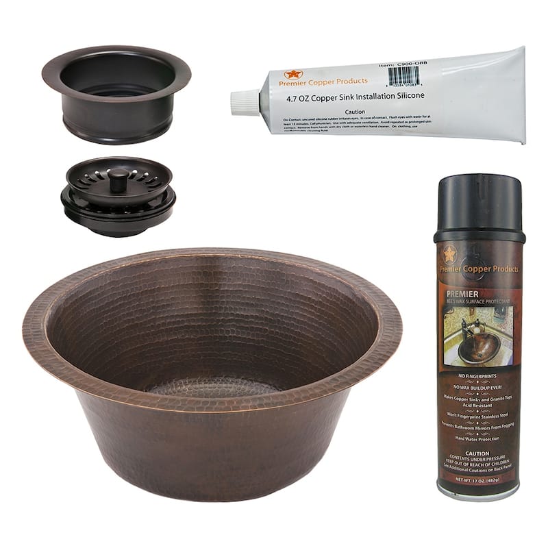 16" Round Hammered Copper Prep Sink w/ 3.5" Drain Opening, Matching Drain and Accessories