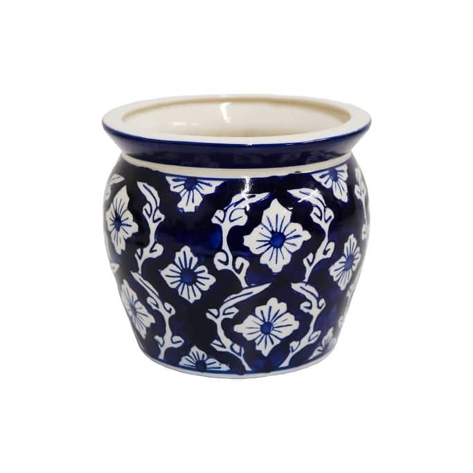 Home&Manor Ceramic Medium Planter Blue/White