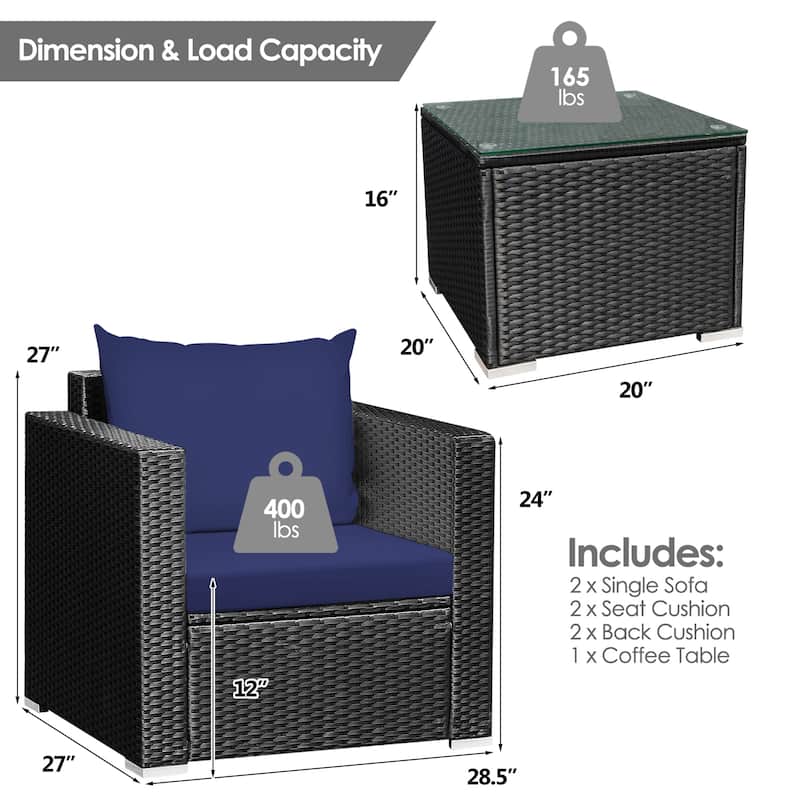 Gymax 3PCS Rattan Patio Conversation Furniture Set Outdoor w/ Navy - See Details