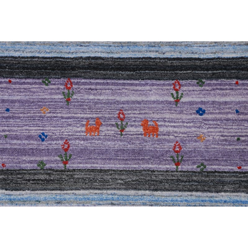 Striped Gabbeh Indian Area Rug Handmade Floral Wool Carpet - 8'4" x 10'2"