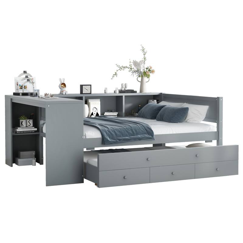 Full Size Wood Daybed with Trundle, Storage Drawers, Side Shelves, and Desk, Gray