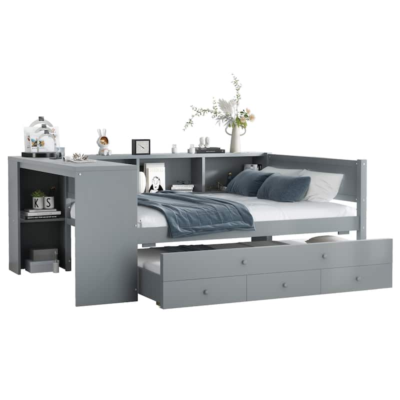 Roomfitters Twin/Full Size Wood Daybed with Trundle, Storage Drawers, Side Shelves & Built-in Desk, No Box Spring Needed