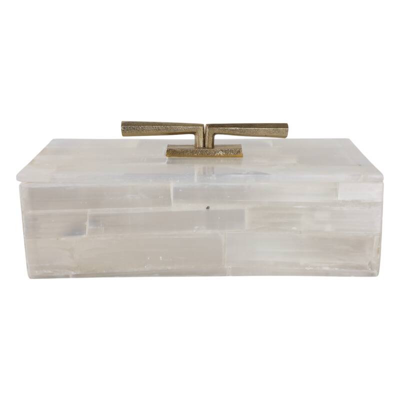 Stone Selenite Decorative Organizer Box Texture with Lid - 6" White - 16" x 7" x 6" - White/ Gold - 16" x 7" x 6"