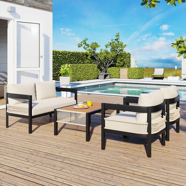 slide 2 of 38, Multi-person Outdoor Iron Sofa Set with A table, Rattan Decoration, Waterproof, Rust-proof, Suitable for Garden, Lawn Us