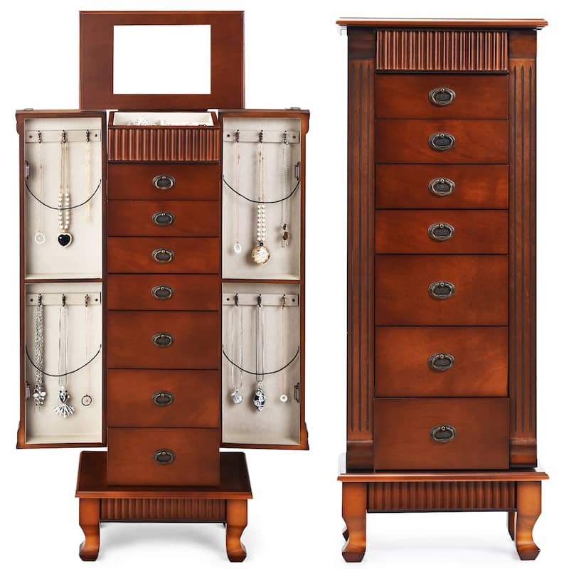Brown 7 Drawers Wooden Jewelry Storage Cabinet with 1 Top Flip Mirror and 4 Compartments - 15"(L) x 9"(W) x 38.5"(H)
