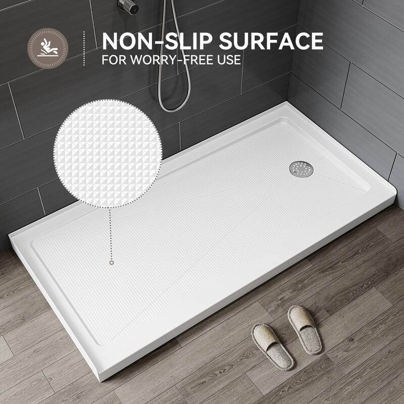 HOROW 60 x 30 Inch Alcove Shower Pan Base in High Gloss White with Wide Threshold Design - Right Drain Location