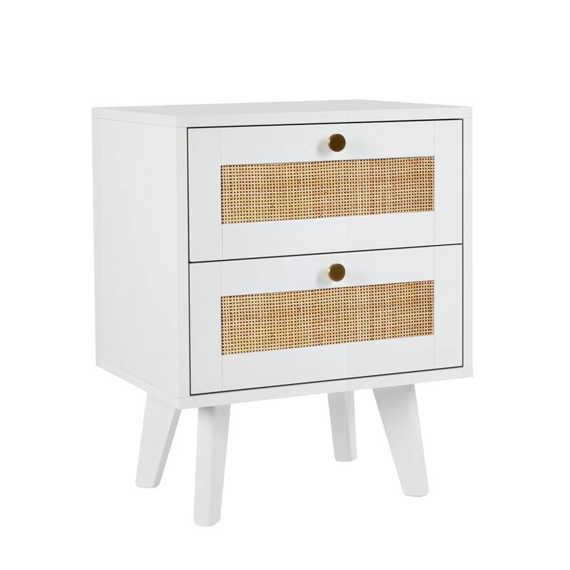 Anmytek Mid-Century Modern 2-Drawer Wood White Nightstand Sofa End Table with Storage for Bedroom