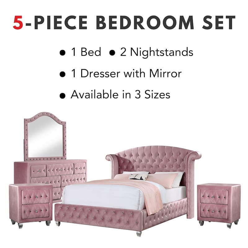 Vyvi Glam Pink Fabric 5-Piece Upholstered Panel Bedroom Set by Furniture of America