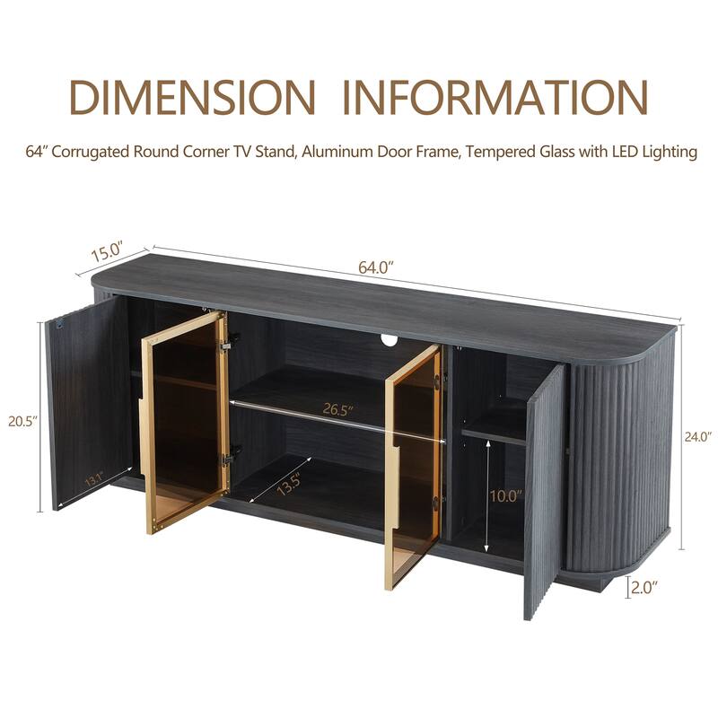 64'' Wavy TV Cabinet with LED Lights, Curved Sideboard with Vertical Stripes & Tempered Glass Doors for Living Room or Bedroom