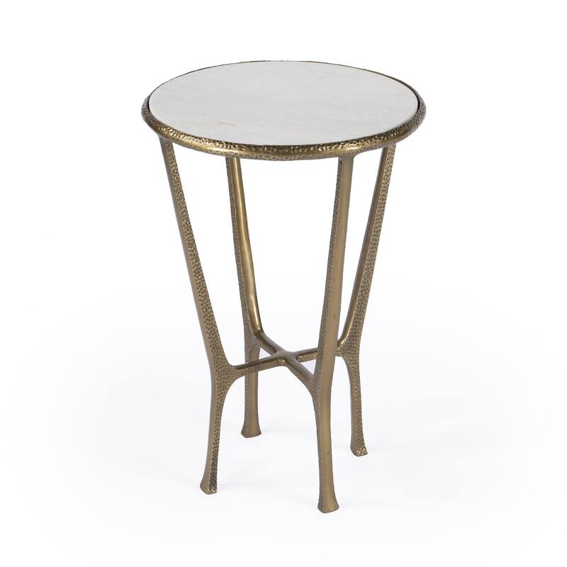 HomeRoots 23" White and Gold Distressed Marble and Aluminum Round End Table - 16.00 in. x 23.25 in. x 16.00 in.