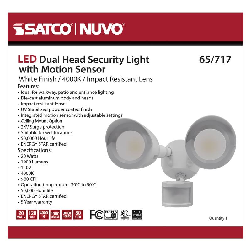 LED Security Light Dual Head With Motion Sensor White Finish 4000K