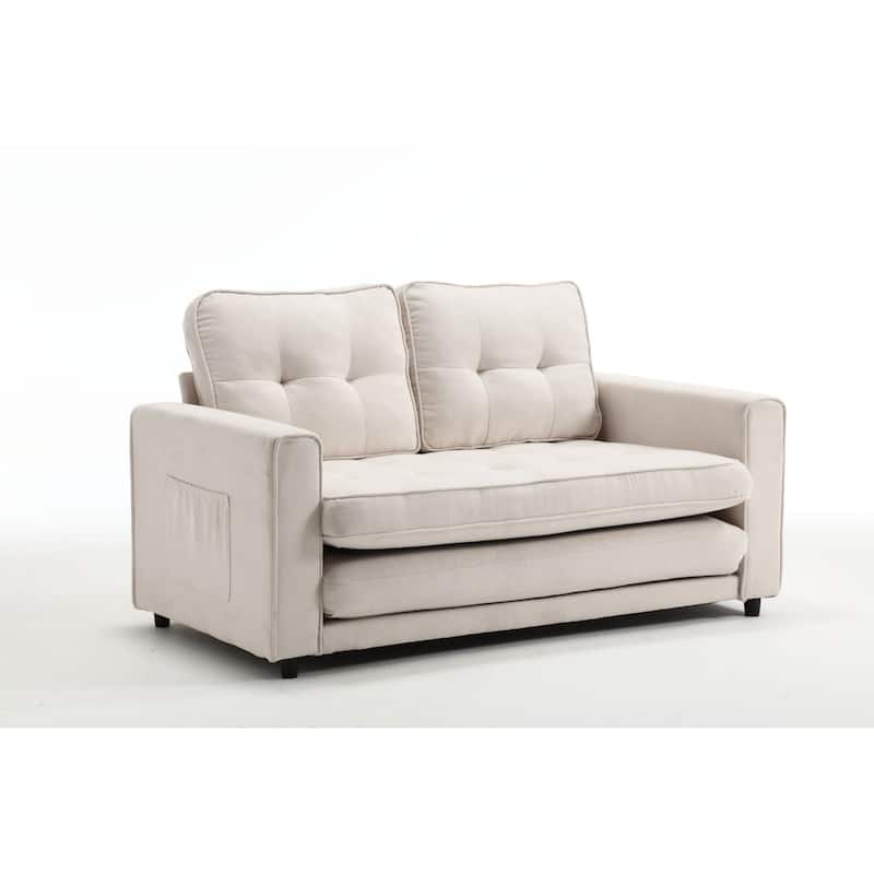 Velvet Upholstered Armsofa with Pull-Out Bed, Convertible Sleeper Sofa Bed for Small Bedroom, Loveseat with Side Pockets